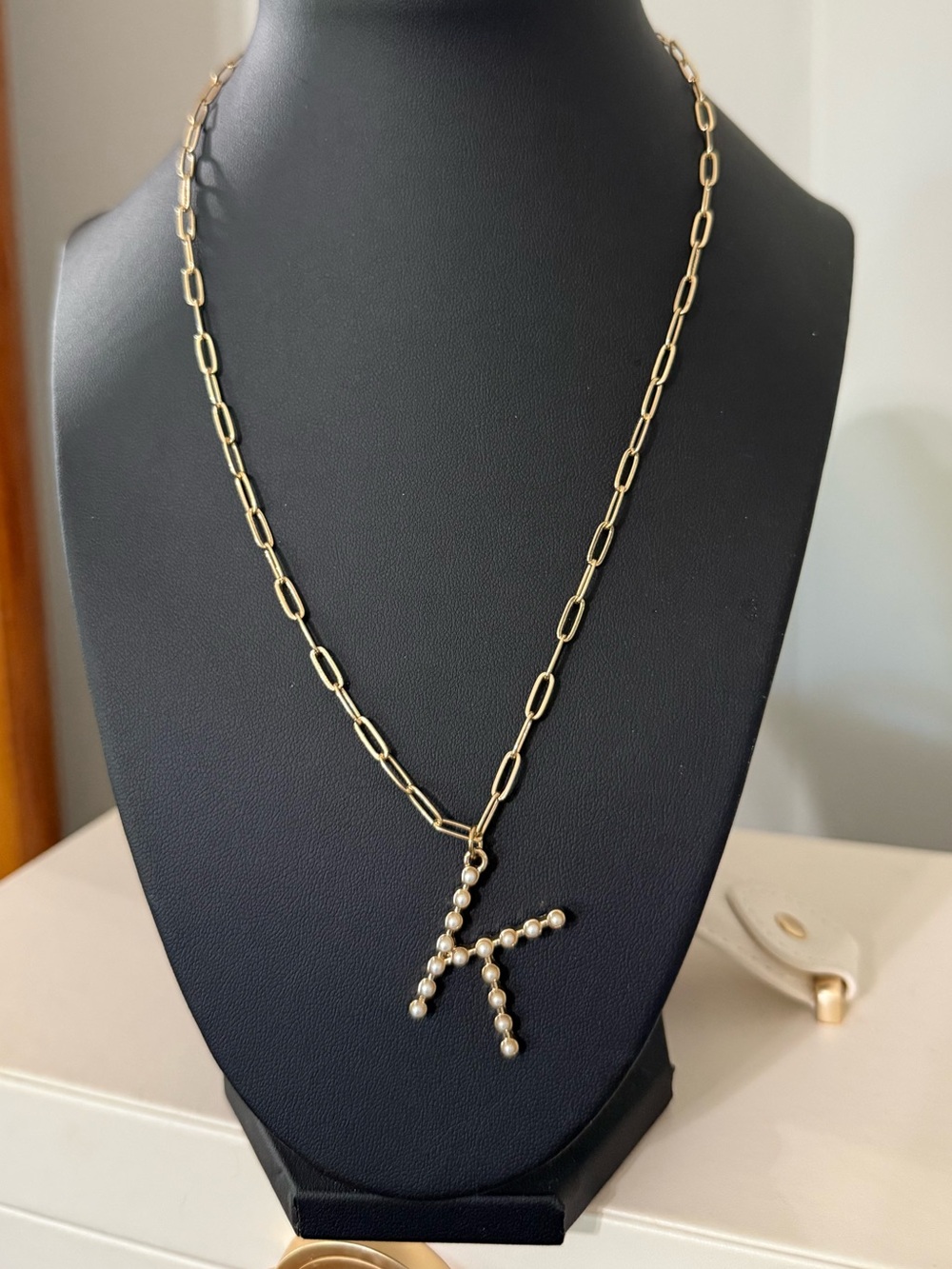 Gold Chain Necklace with Pearl 'K' Initial Pendant
